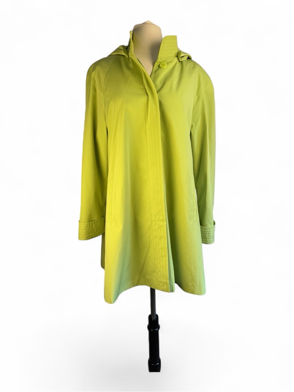 Fleet Street Women's Green Hooded Lined Button Front Mid-Length Rain Coat M